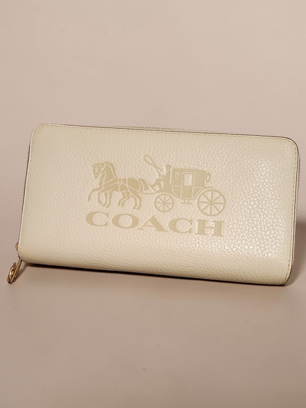 Coach Ivory Leather Zip Wallet with Horse & Carriage Logo